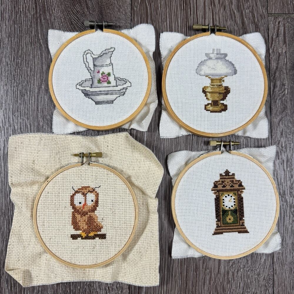 Lot of 4 Handmade Cross Stitch Embroidery Hoop Wall Art Primitive Country Decor